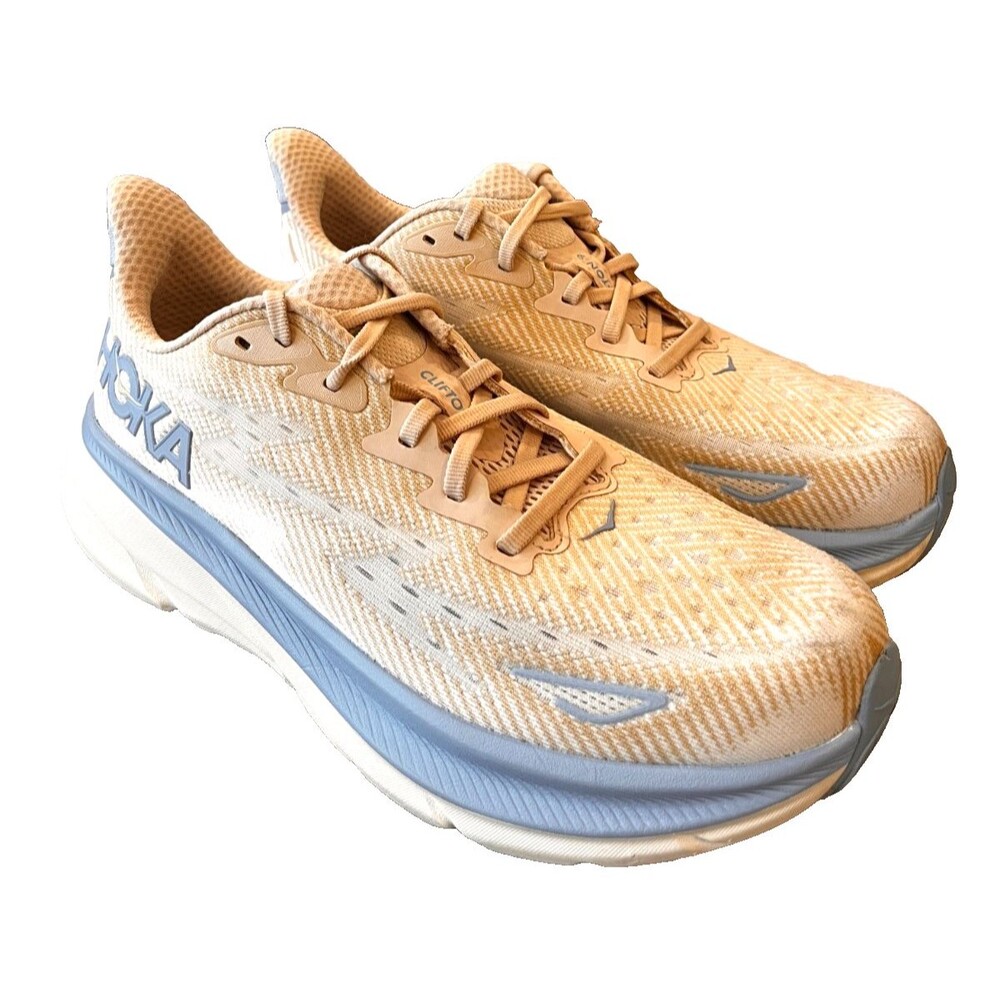 Hoka One One Men's Clifton 9 Running Sneaker Shoes Size 9.5 B Beige/Blue